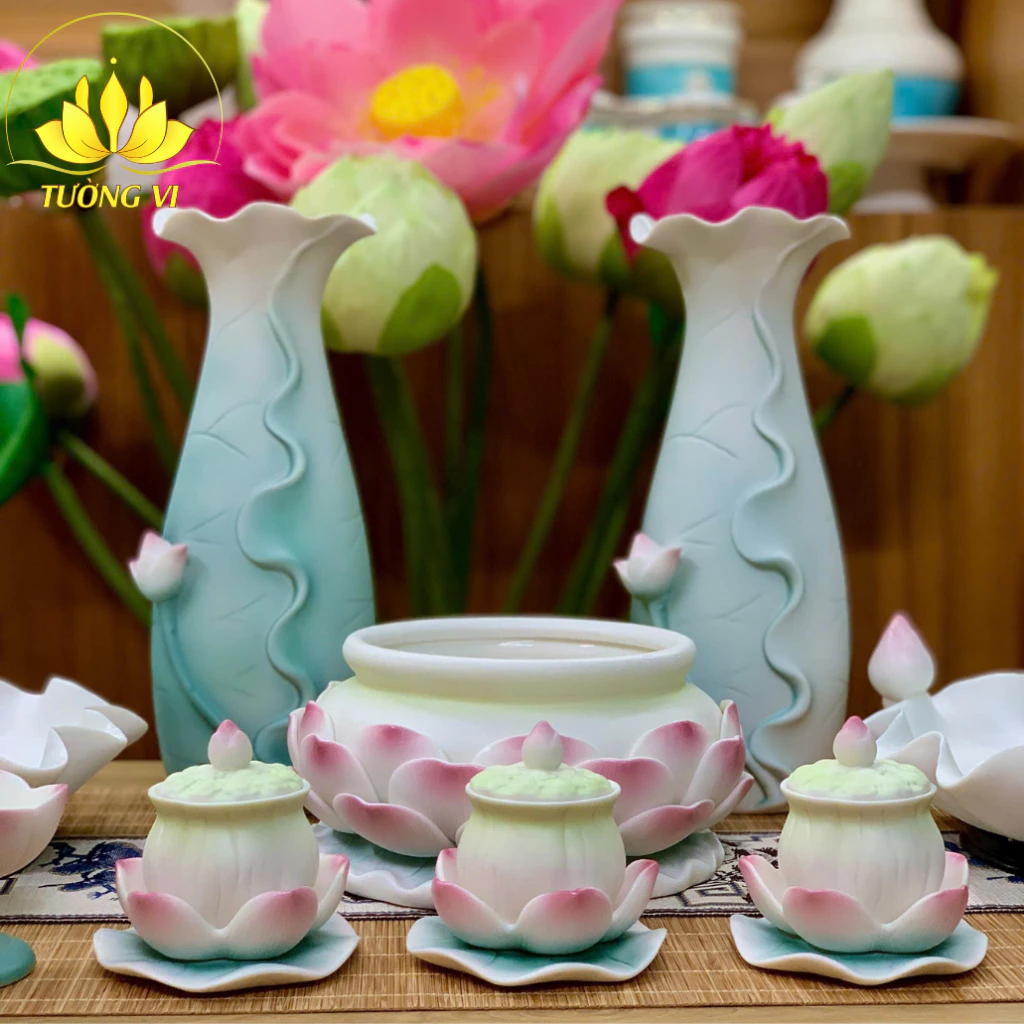 Bộ Thờ Cúng, Đồ Thờ Cúng Gia Tiên, Lư Hương, Bình Hoa, Mâm Bồng, Chân Nến, Ly Nước, Bộ Đồ Thờ Gốm - 5