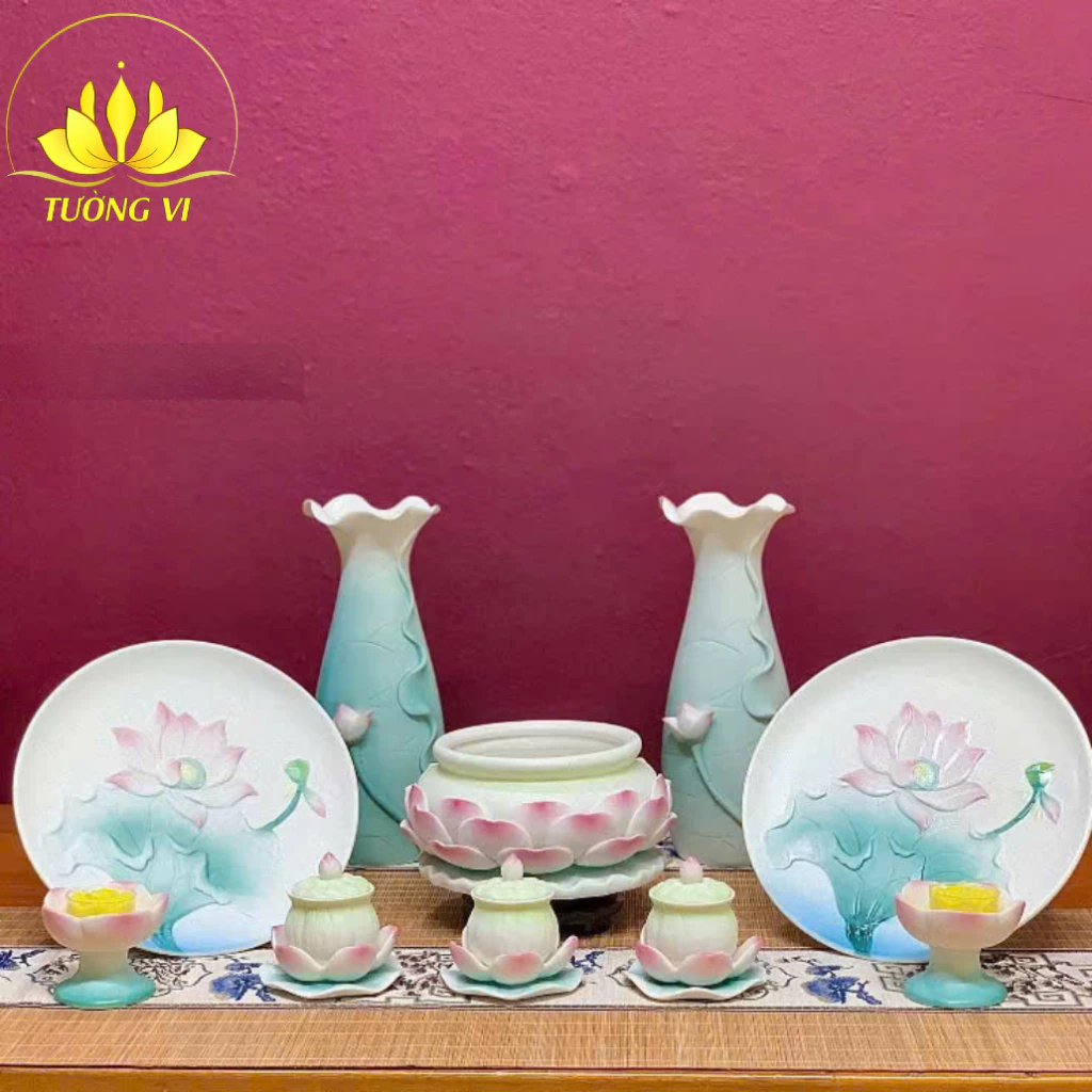 Bộ Thờ Cúng, Đồ Thờ Cúng Gia Tiên, Lư Hương, Bình Hoa, Mâm Bồng, Chân Nến, Ly Nước, Bộ Đồ Thờ Gốm - 6