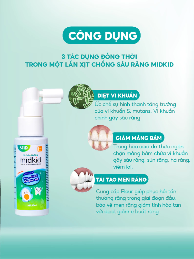 Xịt chống sâu răng Midkid cho bé từ 1 tuổi vị Nho 30ml giúp bảo vệ men răng, loại bỏ mảng bám đen ố vàng sạch thơm miệng - 2