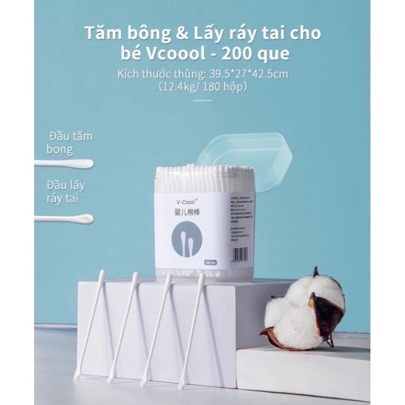 Tăm bông trẻ em Vcool kháng khuẩn ( hộp 200 que, 400 que lõi giấy) cho bé sơ sinh ngoáy tai, mũi hanhdecalkhosimebe - 2