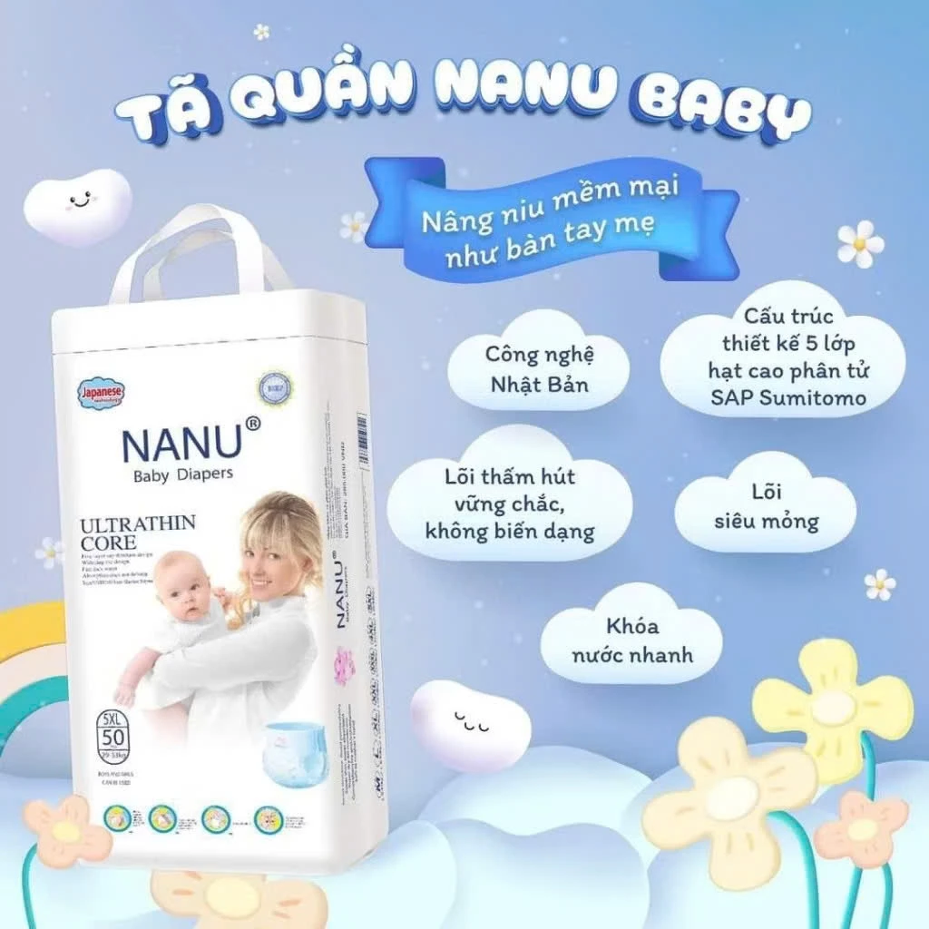 Bịch 50 miếng bỉm quần Nanu cao cấp size S,M, L, XL, XXL,4XL,5XL