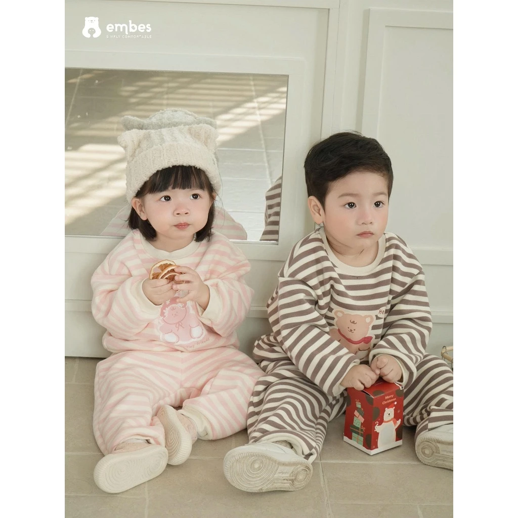 [New Collection] Đồ Bộ Nỉ Cho Bé Embes, Bộ Dài Tay Kẻ Ngang In Hình Chất Nỉ Dày Dặn Cho Bé Từ 8-18Kg - 6