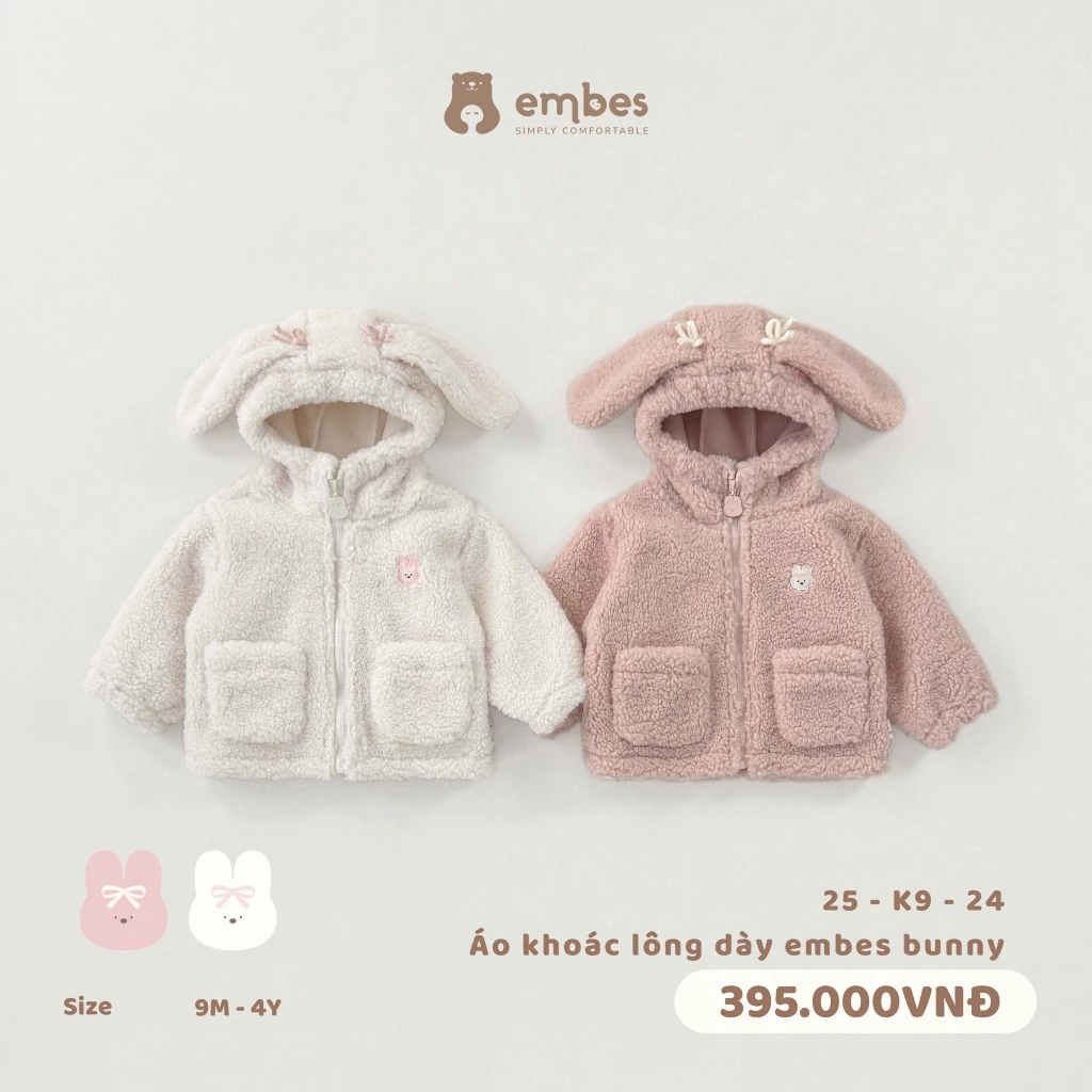 Áo Khoác Lông Bé Gái Embes, Áo Khoác Lông Mũ Tai Thỏ Chất Lông Dày Lót Nỉ Cho Bé Gái Size Từ 8-18Kg