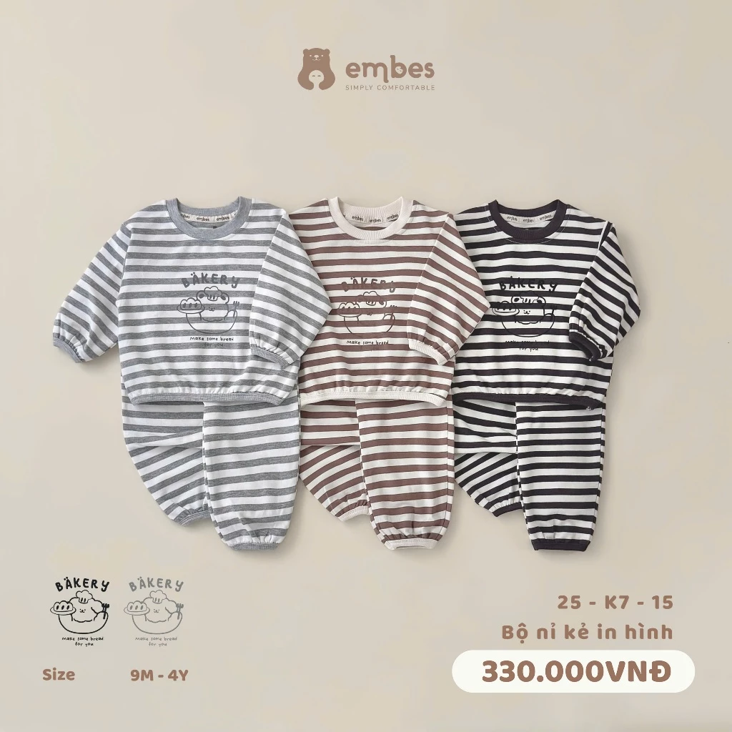 Bộ Nỉ Cho Bé Embes, Bộ Dài Tay Thu Đông Kẻ Ngang In Hình Chất Nỉ Da Cá Cho Bé Trai Bé Gái Từ 8-18Kg