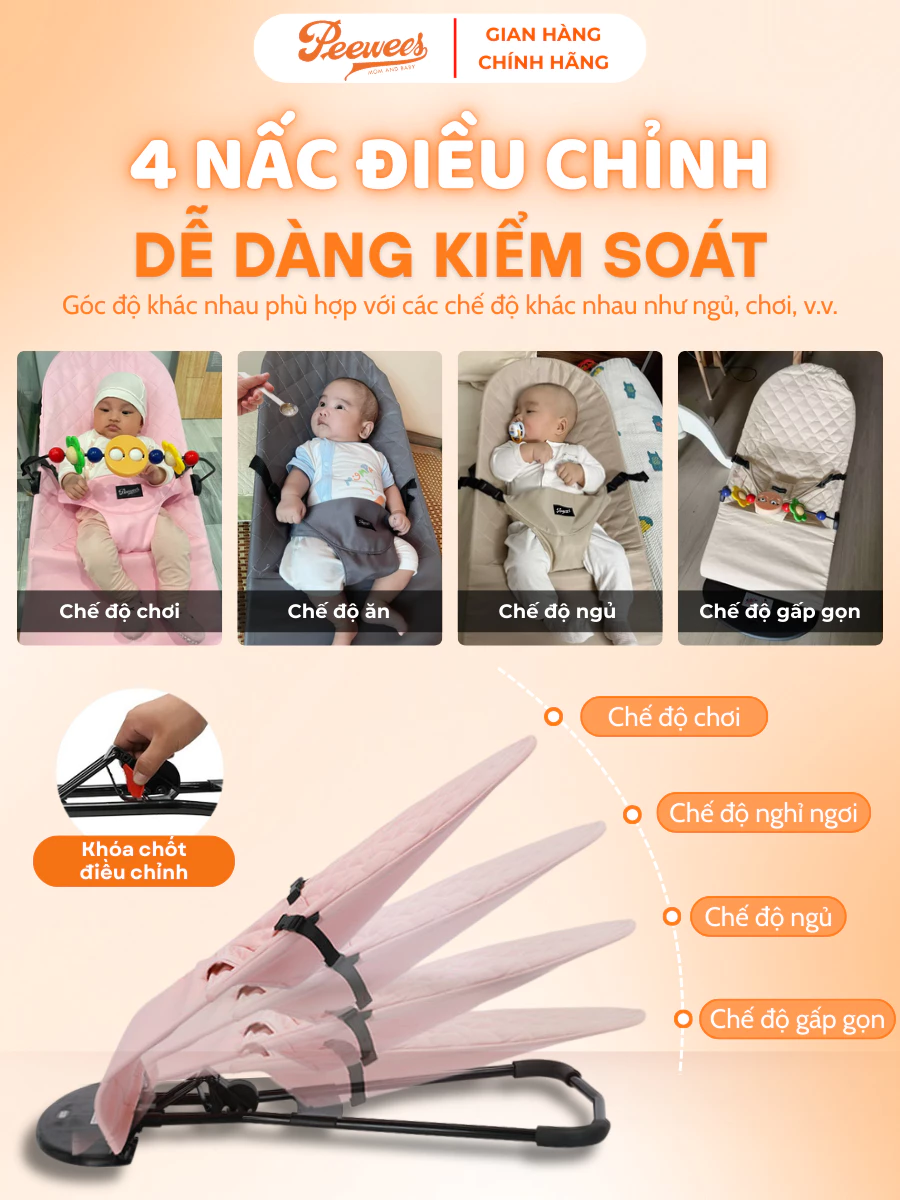 Ghế Nhún Rung Cho Bé PeeWees Cao Cấp Vải Chống Võng Lưng Khung Thép Chắc Chắn, Vải Cotton Thoáng Mát, Bảo Hành 12 Tháng - 4