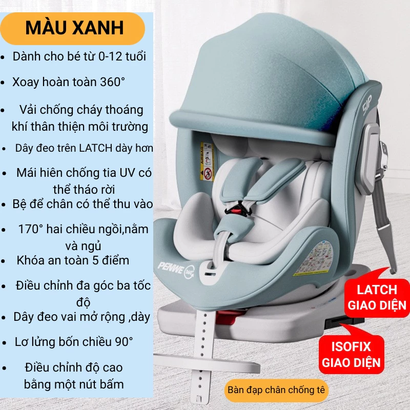 Ghế Ngồi Ô Tô Cho Bé Topkids Xoay 360 Độ, Ghế An Toàn Trẻ Em 0-12 Tuổi, ISOFIX + LATCH, Có Mái Che - 5