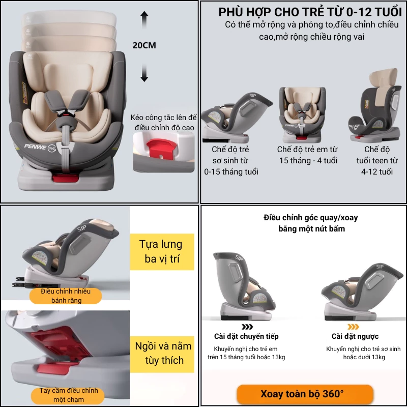 Ghế Ngồi Ô Tô Cho Bé Topkids Xoay 360 Độ, Ghế An Toàn Trẻ Em 0-12 Tuổi, ISOFIX + LATCH, Có Mái Che - 6