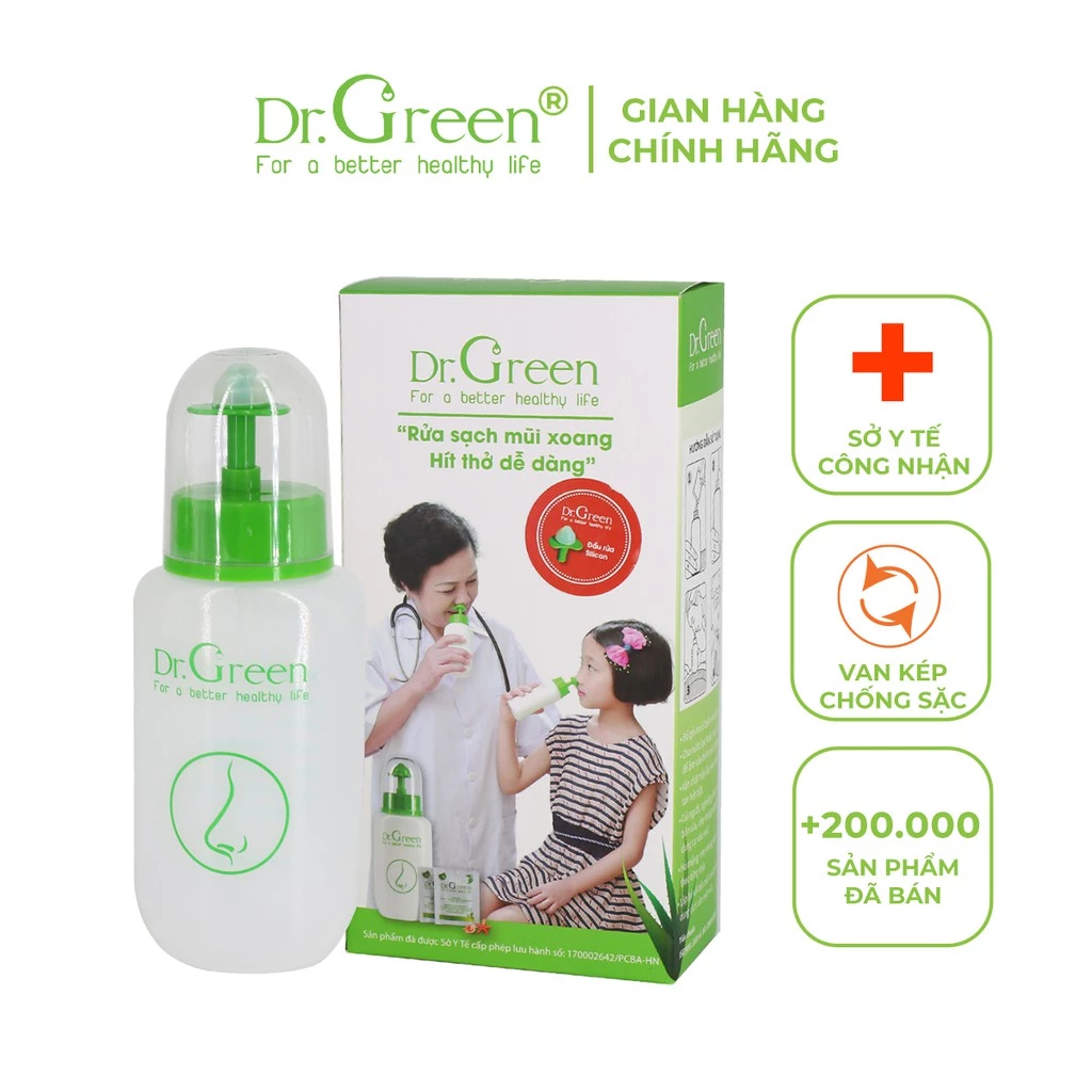 Bình rửa mũi Silicone - 2 Van kép Dr.Green chính hãng | Đầu rửa silicon | Kèm 10 gói muối biển | hỗ trợ viêm mũi xoang