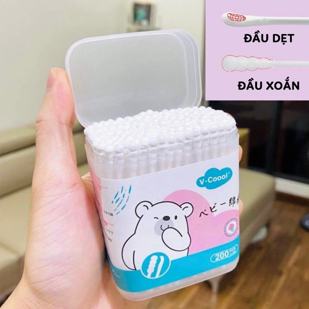 Tăm bông trẻ em Vcool kháng khuẩn ( hộp 200 que, 400 que lõi giấy) cho bé sơ sinh ngoáy tai, mũi hanhdecalkhosimebe - 4