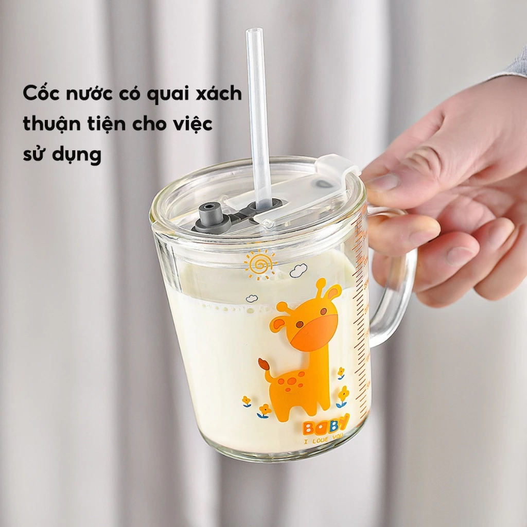 Cốc thuỷ tinh chia vạch pha sữa cho bé, Bình nước tập uống có ống hút tay cầm dung tích lớn 400ml - 2