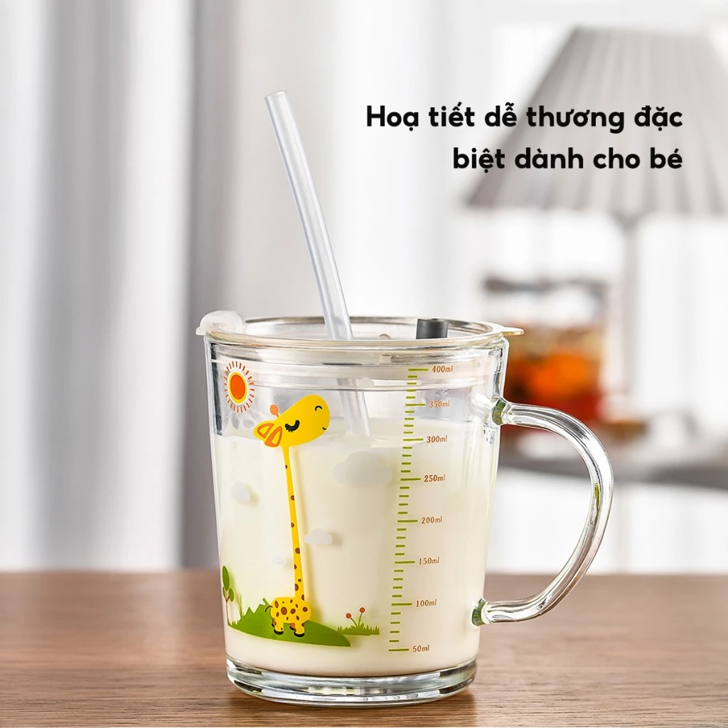 Cốc thuỷ tinh chia vạch pha sữa cho bé, Bình nước tập uống có ống hút tay cầm dung tích lớn 400ml - 3