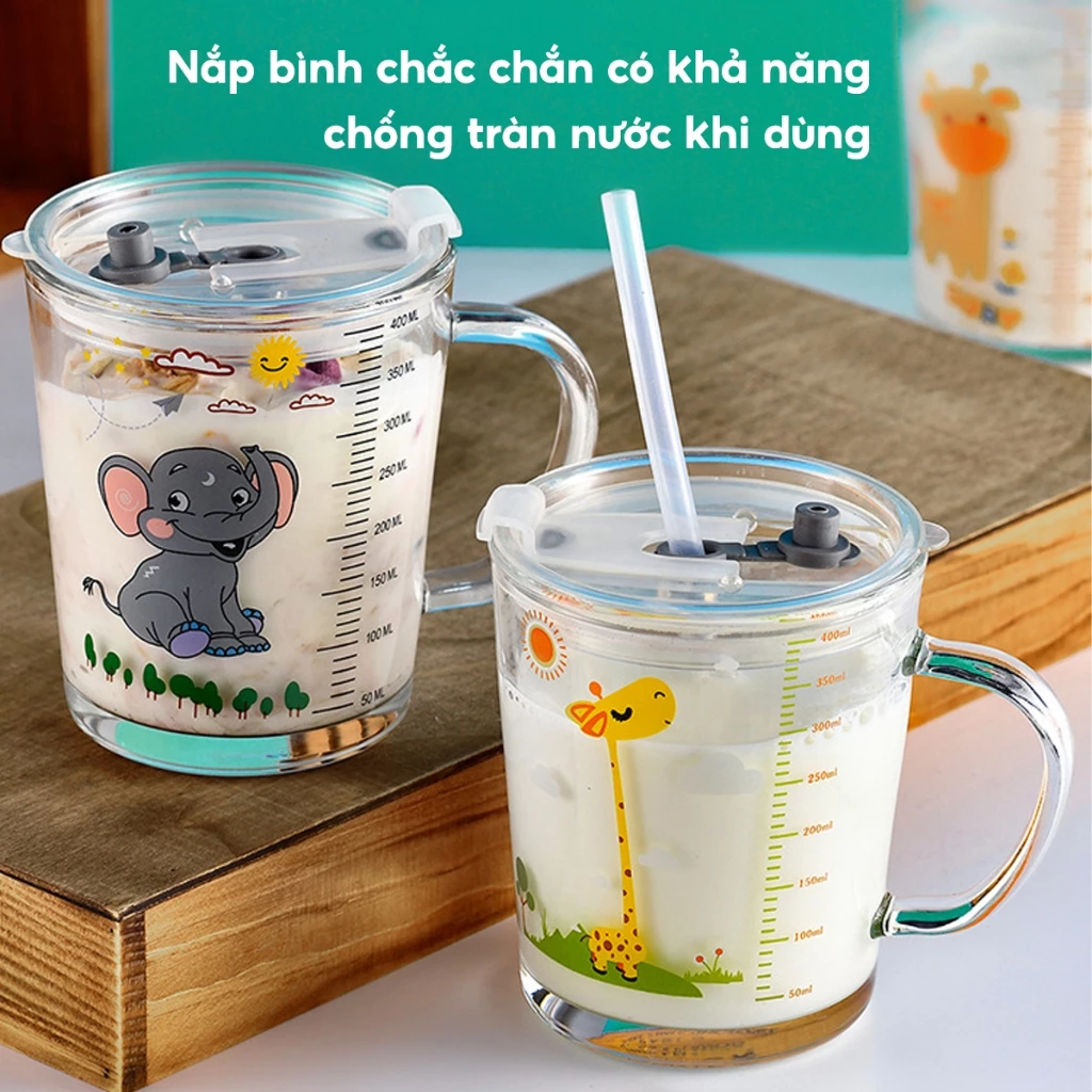 Cốc thuỷ tinh chia vạch pha sữa cho bé, Bình nước tập uống có ống hút tay cầm dung tích lớn 400ml - 4