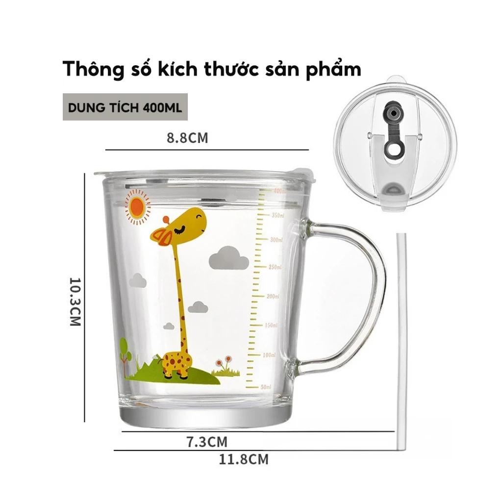 Cốc thuỷ tinh chia vạch pha sữa cho bé, Bình nước tập uống có ống hút tay cầm dung tích lớn 400ml - 5