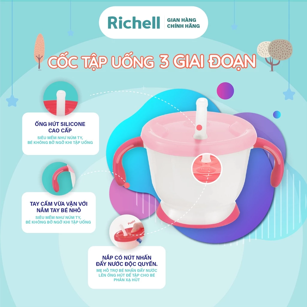 Cốc tập hút, tập uống 3 giai đoạn RICHELL Nhật AQ 150ml phiên bản châu Á | Baby