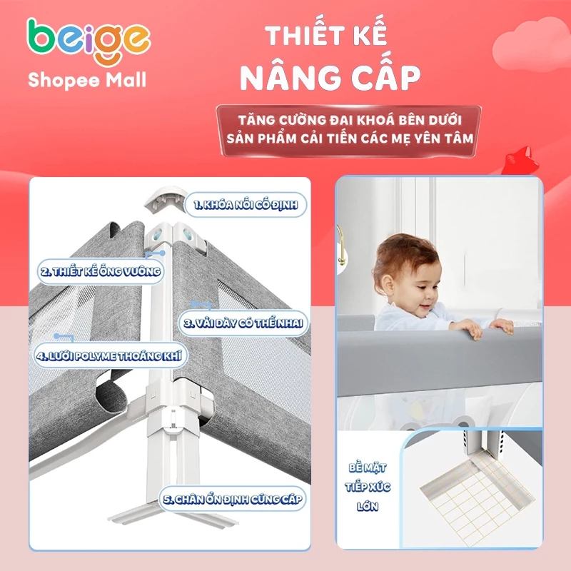 Thanh chắn giường cho bé Beige, Giường chống rơi lan, tiết kiệm không gian diện tích phòng ngủ - 5