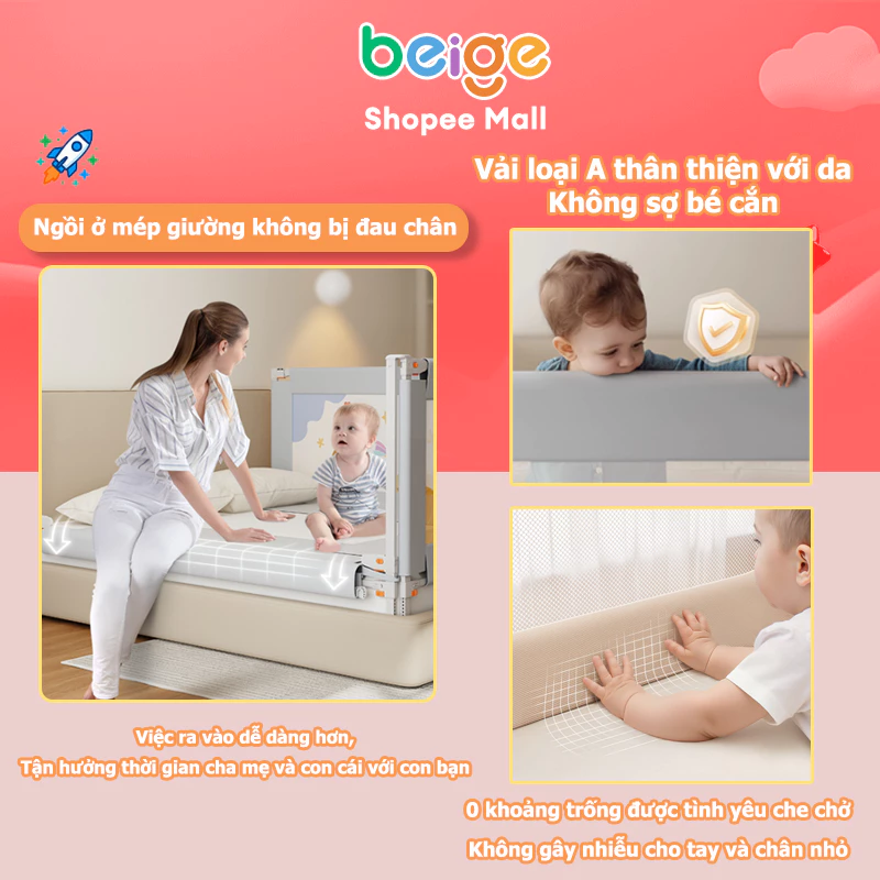 Thanh chắn giường cho bé Beige, Giường chống rơi lan, tiết kiệm không gian diện tích phòng ngủ - 4