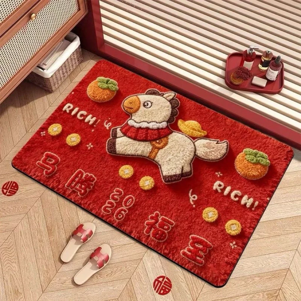 Thảm lót sàn cửa ra vào hình ngựa con dễ thương làm từ bùn tảo cát, thảm thấm hút phòng tắm màu đỏ kích thước 45x70cm - 2