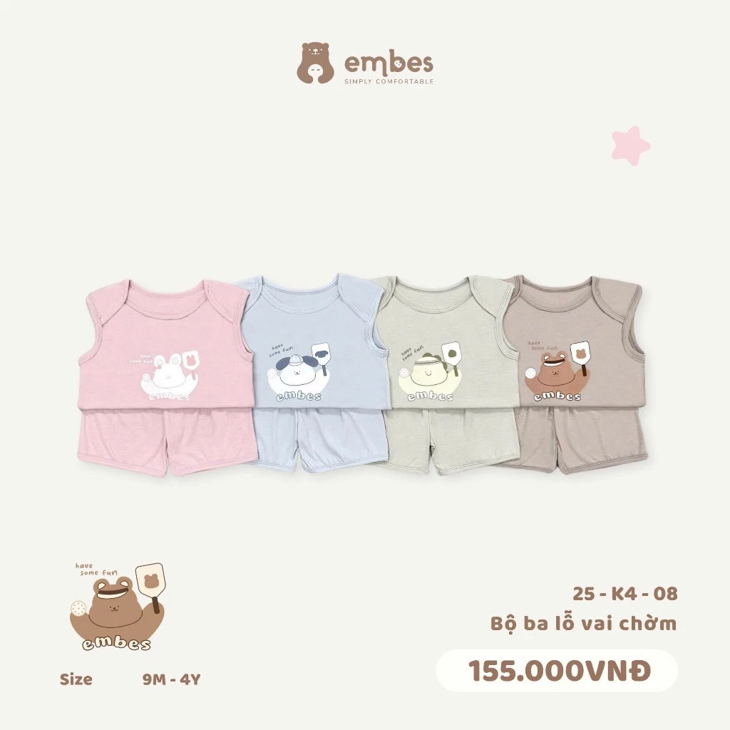 Bộ Ba Lỗ Vai Chờm Cho Bé Trai Bé Gái Embes, Bộ Quần Áo In Hình Chất Cotton Mềm Mịn Size 8-18kg