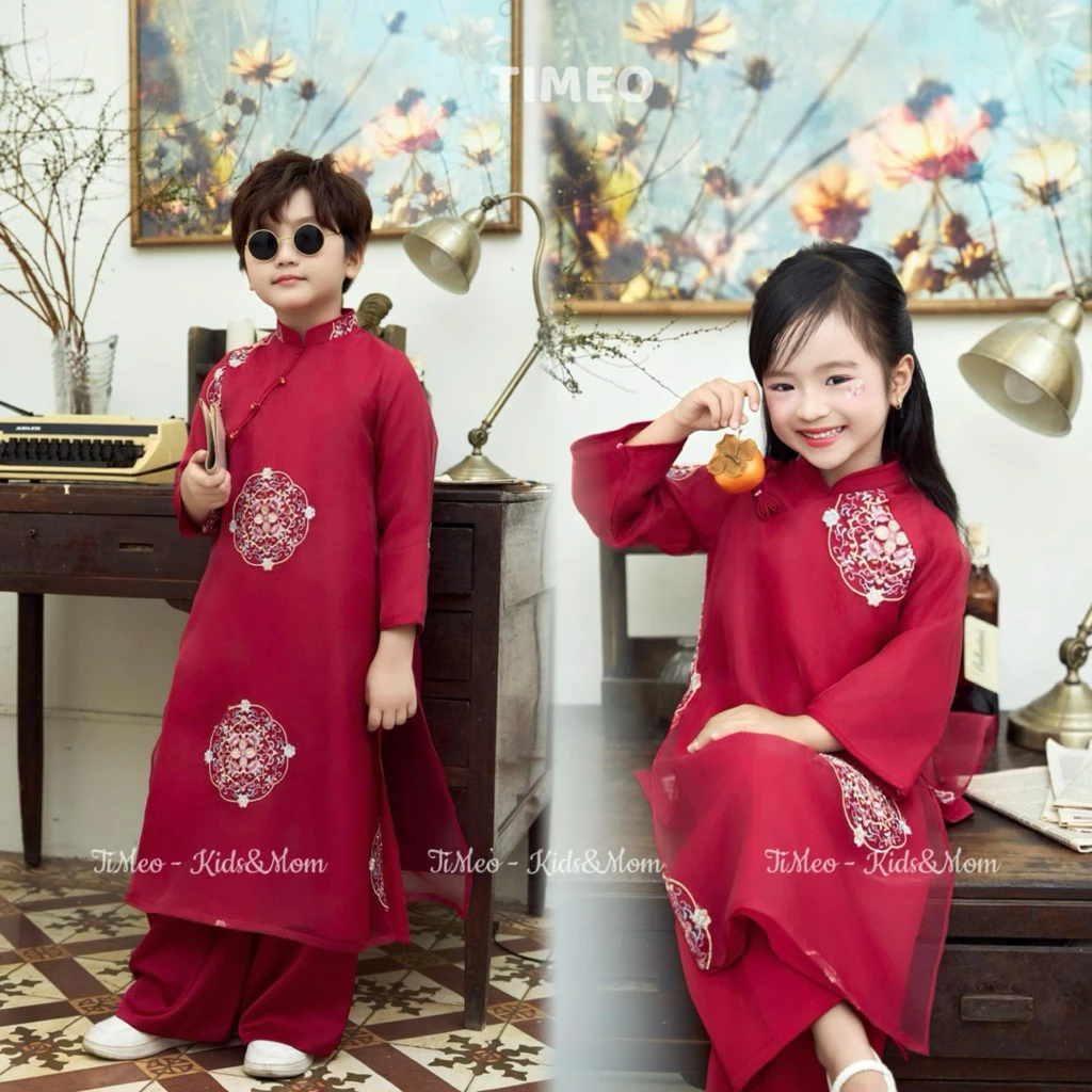 [TIMEO] Áo dài thiết kế mẹ, bé trai, bé gái Cẩm Tú, vải tơ thêu hoạ tiết cung đình, may 2 lớp 4 tà, mặc lễ Tết, sự kiện.