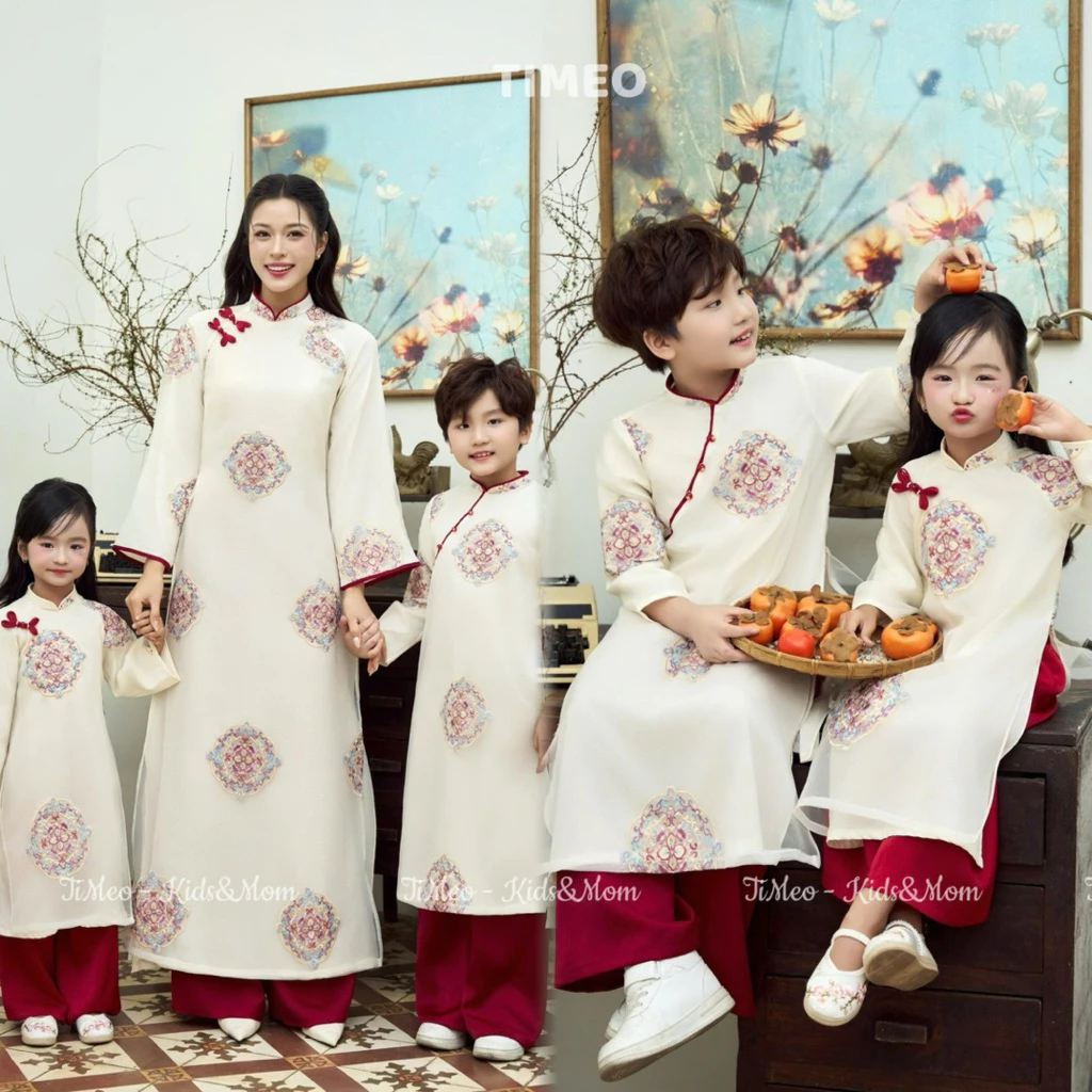[TIMEO] Áo dài thiết kế mẹ, bé trai, bé gái Cẩm Tú, vải tơ thêu hoạ tiết cung đình, may 2 lớp 4 tà, mặc lễ Tết, sự kiện. - 4