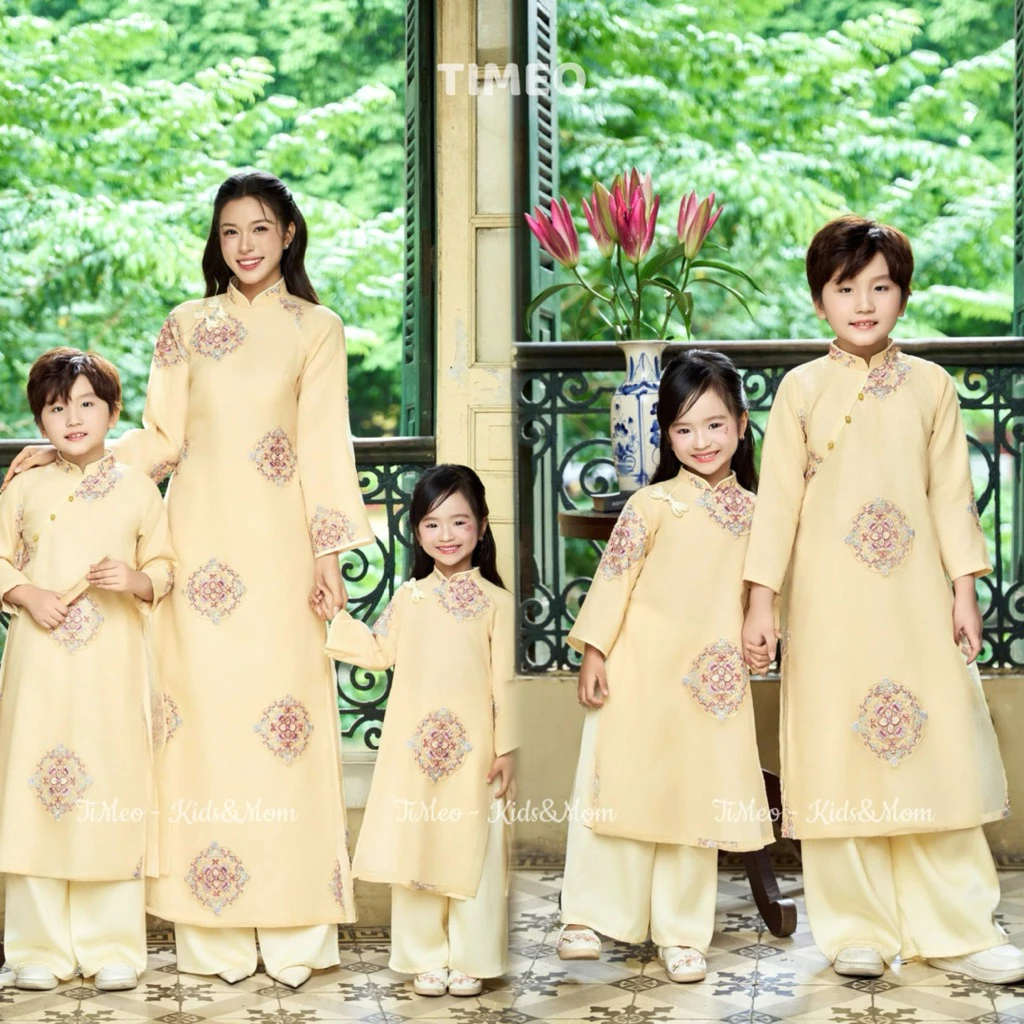 [TIMEO] Áo dài thiết kế mẹ, bé trai, bé gái Cẩm Tú, vải tơ thêu hoạ tiết cung đình, may 2 lớp 4 tà, mặc lễ Tết, sự kiện. - 5