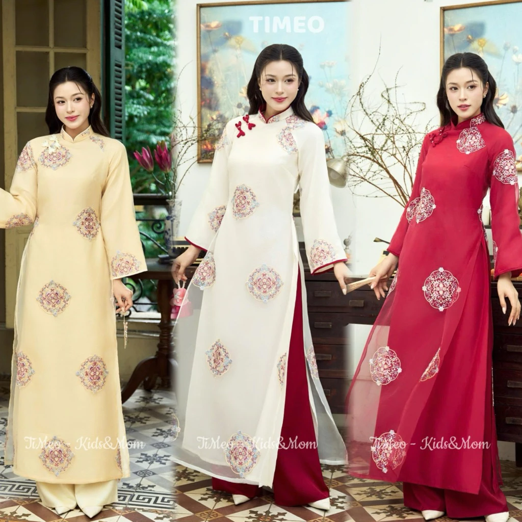 [TIMEO] Áo dài thiết kế mẹ, bé trai, bé gái Cẩm Tú, vải tơ thêu hoạ tiết cung đình, may 2 lớp 4 tà, mặc lễ Tết, sự kiện. - 6