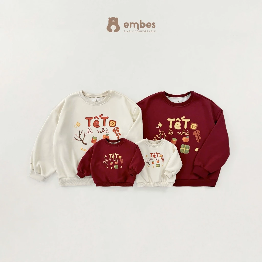 [BST TẾT 2026] Áo Nỉ Tết Gia Đình Embes - Áo Nỉ Cho Bố Mẹ In Hình Họa Tiết "Tết Là Nhà" Size 65-85Kg