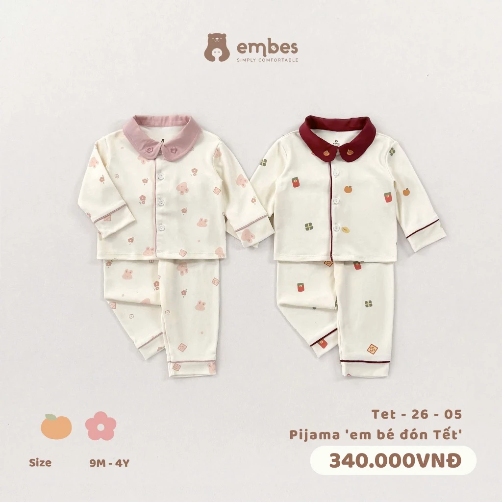 [BST TẾT 2026] Bộ Pijama Tết Embes, Bộ Đồ Ngủ Dài In Họa Tiết Tết Cho Bé Trai Bé Gái Size Từ 8-18 Kg