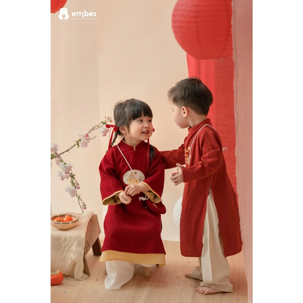 [BST TẾT 2026] Áo Dài Cho Bé Gái, Áo Dài Tết Bé Gái Ngực Thêu Chất Nhung Chéo Cho Bé Size Từ 8-18Kg - 4