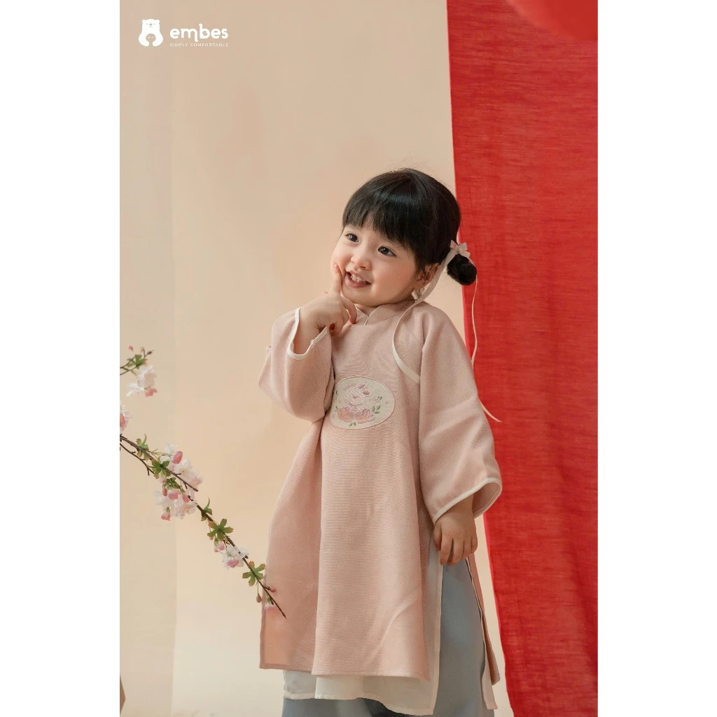 [BST TẾT 2026] Áo Dài Cho Bé Gái, Áo Dài Tết Bé Gái Ngực Thêu Chất Nhung Chéo Cho Bé Size Từ 8-18Kg - 5