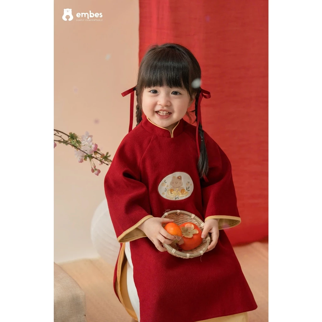 [BST TẾT 2026] Áo Dài Cho Bé Gái, Áo Dài Tết Bé Gái Ngực Thêu Chất Nhung Chéo Cho Bé Size Từ 8-18Kg - 6
