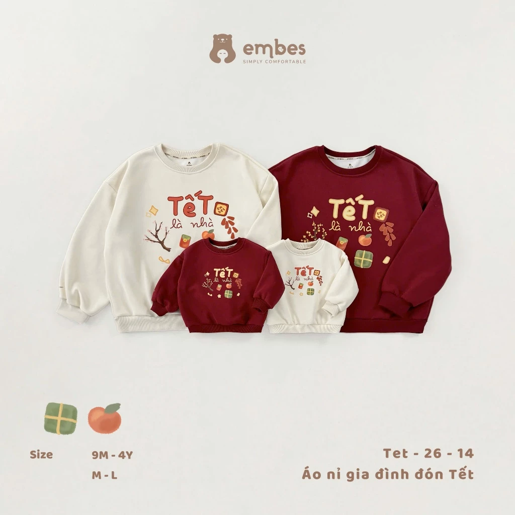 [BST TẾT 2026] Áo Nỉ Tết Gia Đình Embes - Áo Nỉ Cho Bé In Hình Họa Tiết "Tết Là Nhà" Size Từ 8-18Kg