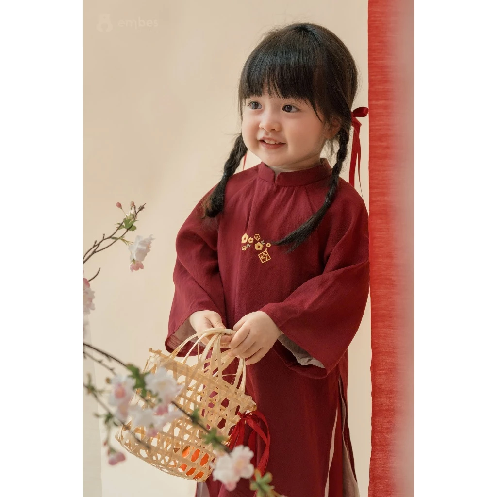 [BST TẾT 2026] Áo Dài Cho Bé Gái, Áo Dài Tết Bé Gái NgựcThêu Hoa Chất Linen Cho Bé Size Từ 8-18Kg - 5