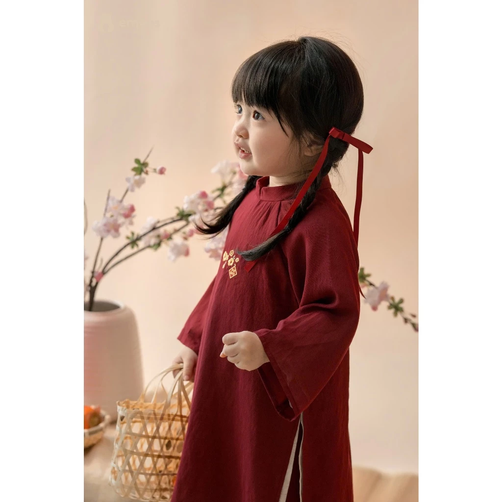 [BST TẾT 2026] Áo Dài Cho Bé Gái, Áo Dài Tết Bé Gái NgựcThêu Hoa Chất Linen Cho Bé Size Từ 8-18Kg - 6
