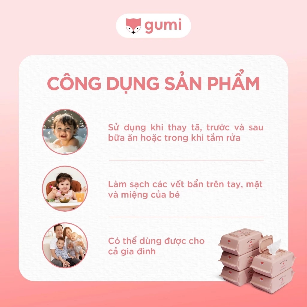 Thùng 10 gói khăn ướt Gumi không cồn không parabens cao cấp dành cho em bé - 5