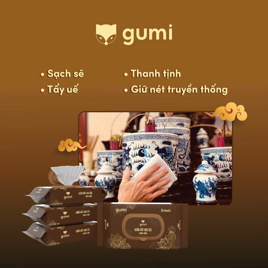 Hộp 20 gói khăn ướt bao sái hương trầm Gumi mềm nhẹ nhàng làm sạch các vật phẩm thờ cúng - 4