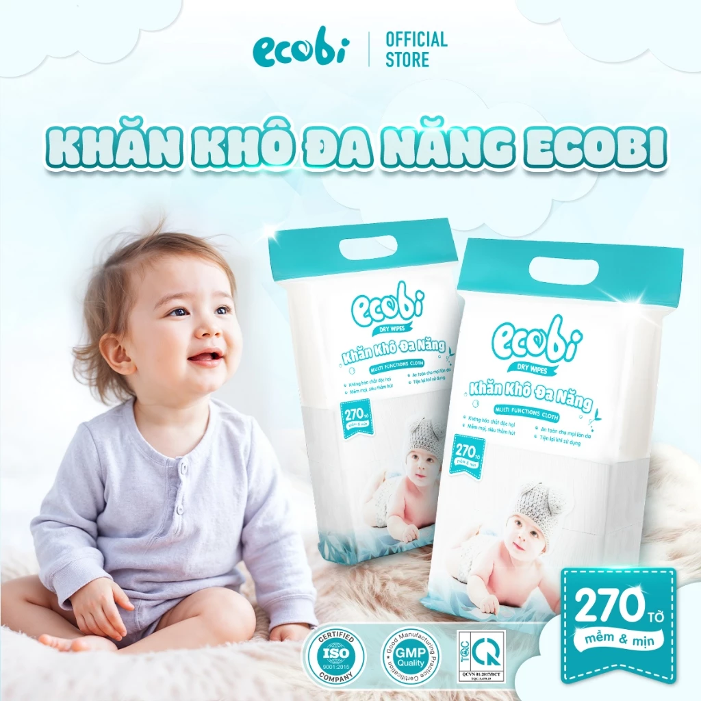 Combo 03 túi khăn vải khô đa năng cho bé Ecobi túi 270 tờ mềm mịn dai thấm hút tốt - 2