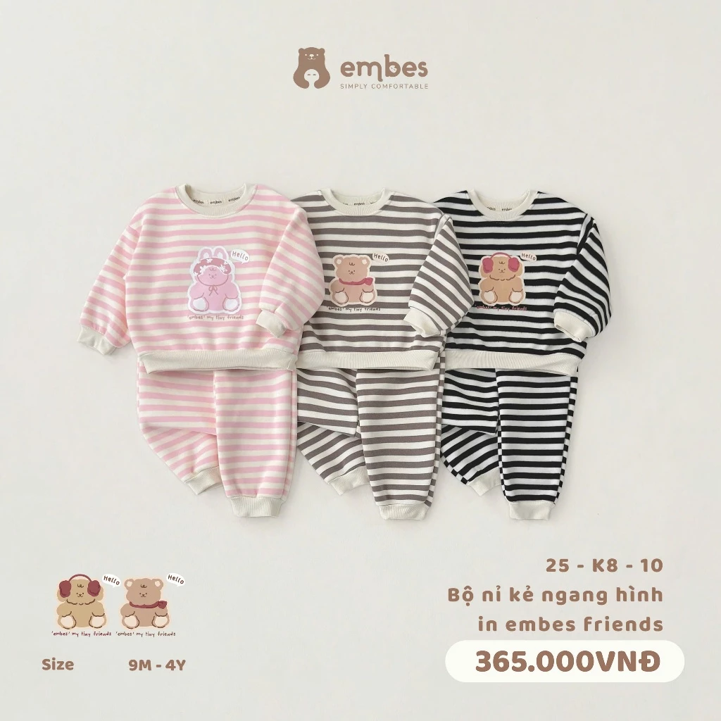[New Collection] Đồ Bộ Nỉ Cho Bé Embes, Bộ Dài Tay Kẻ Ngang In Hình Chất Nỉ Dày Dặn Cho Bé Từ 8-18Kg
