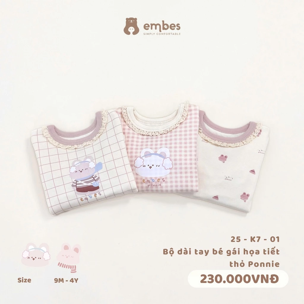 Bộ Dài Tay Bé Gái Embes, Bộ Đồ Dài Tay Cổ Viền Ren In Hình Thỏ Chất Cotton Cho Bé Gái Size Từ 8-18kg - 2