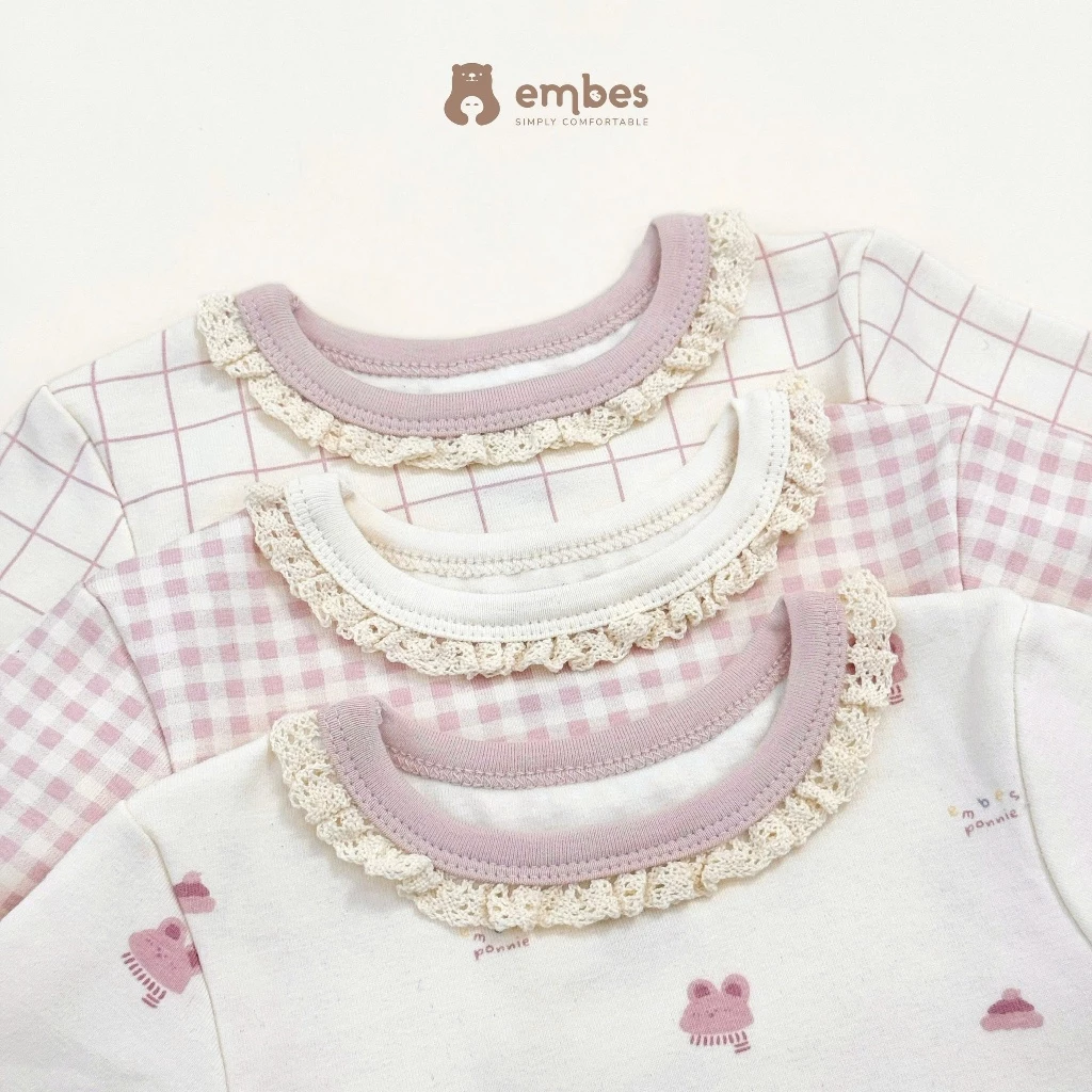 Bộ Dài Tay Bé Gái Embes, Bộ Đồ Dài Tay Cổ Viền Ren In Hình Thỏ Chất Cotton Cho Bé Gái Size Từ 8-18kg - 3