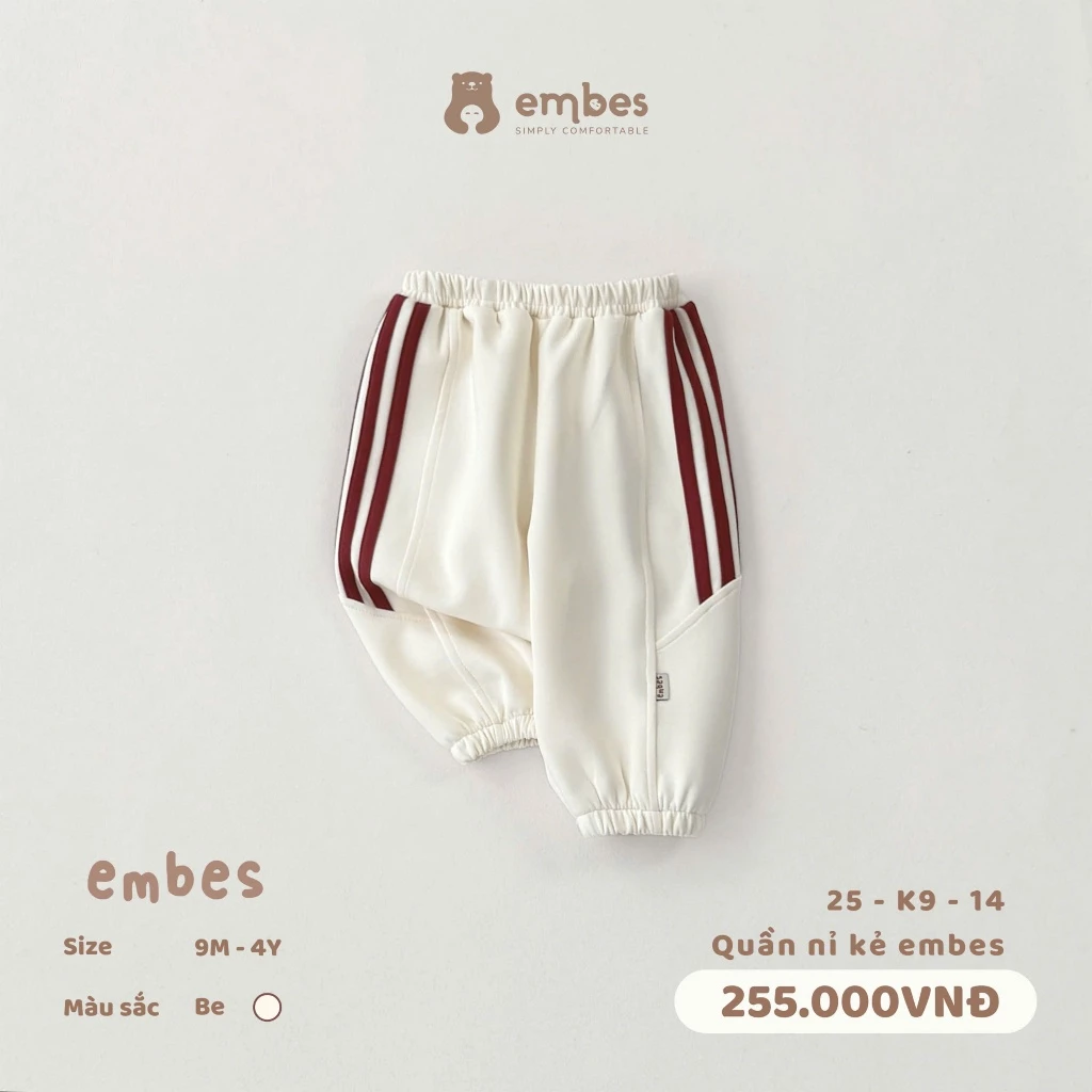 Quần Nỉ Cho Bé Embes, Quần Nỉ Bomber In Hình Phối Kẻ Chất Nỉ Dày Mặc Thu Đông Cho Bé Size Từ 8-18Kg - 2