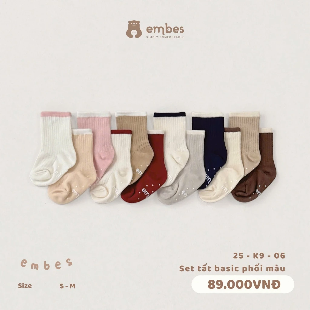 Tất Cho Bé Embes, Set 3 Đôi Vớ Chống Trơn Chất Cotton Mềm Mại Co Giãn Cho Bé Trai Bé Gái Từ 1-4 Tuổi