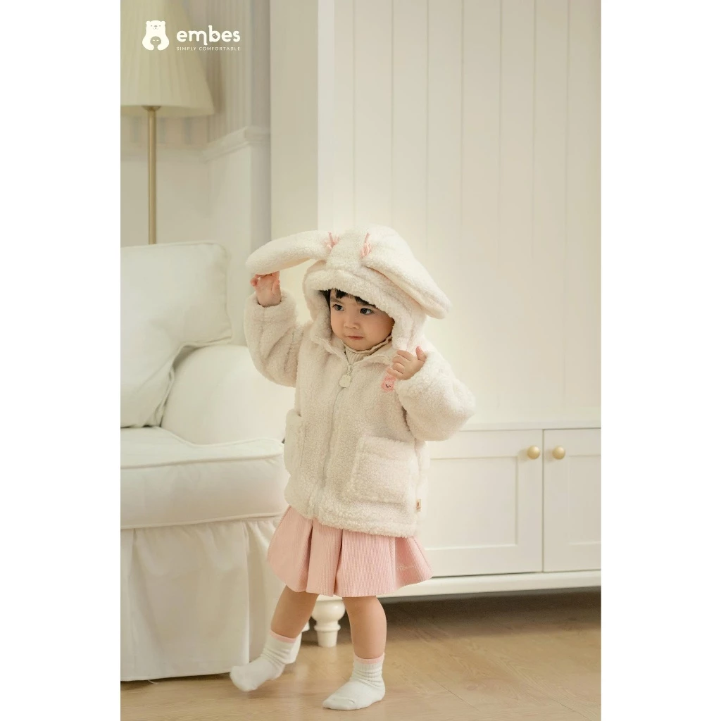 Áo Khoác Lông Bé Gái Embes, Áo Khoác Lông Mũ Tai Thỏ Chất Lông Dày Lót Nỉ Cho Bé Gái Size Từ 8-18Kg - 6