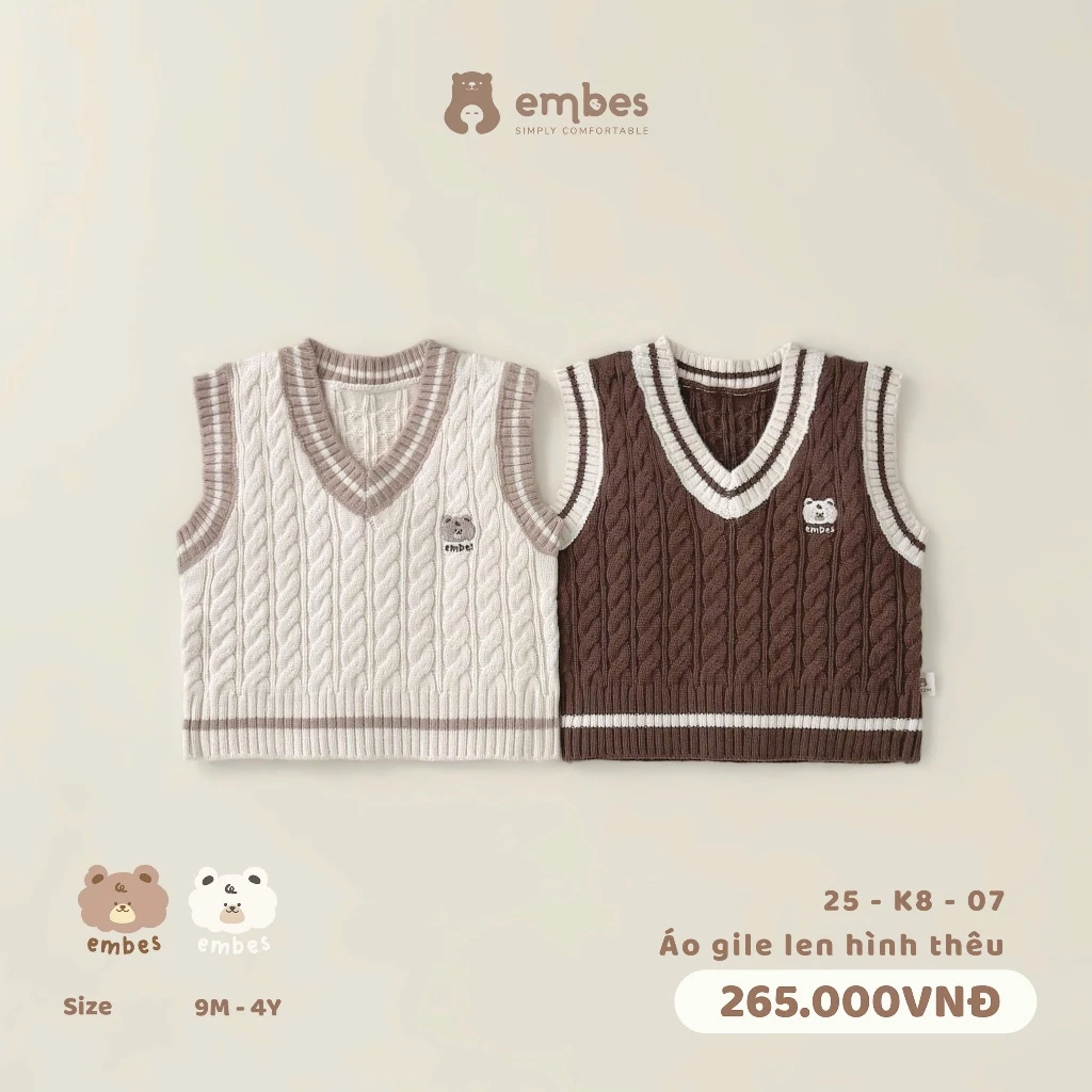 Áo Gile Cho Bé Embes, Áo Gile Len Vặn Thừng Cổ Tim Thêu Hình Dáng Hàn Cho Bé Trai Bé Gái Từ 8-18Kg