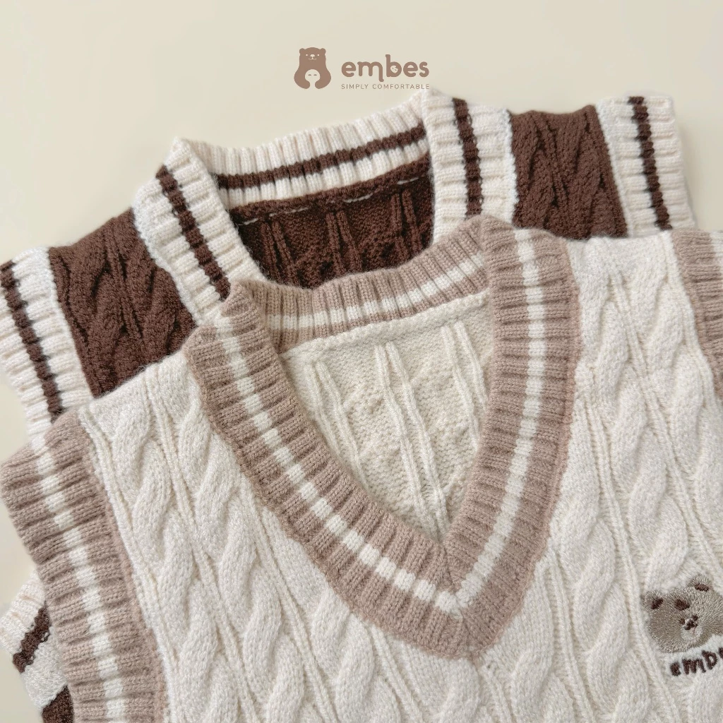 Áo Gile Cho Bé Embes, Áo Gile Len Vặn Thừng Cổ Tim Thêu Hình Dáng Hàn Cho Bé Trai Bé Gái Từ 8-18Kg - 2