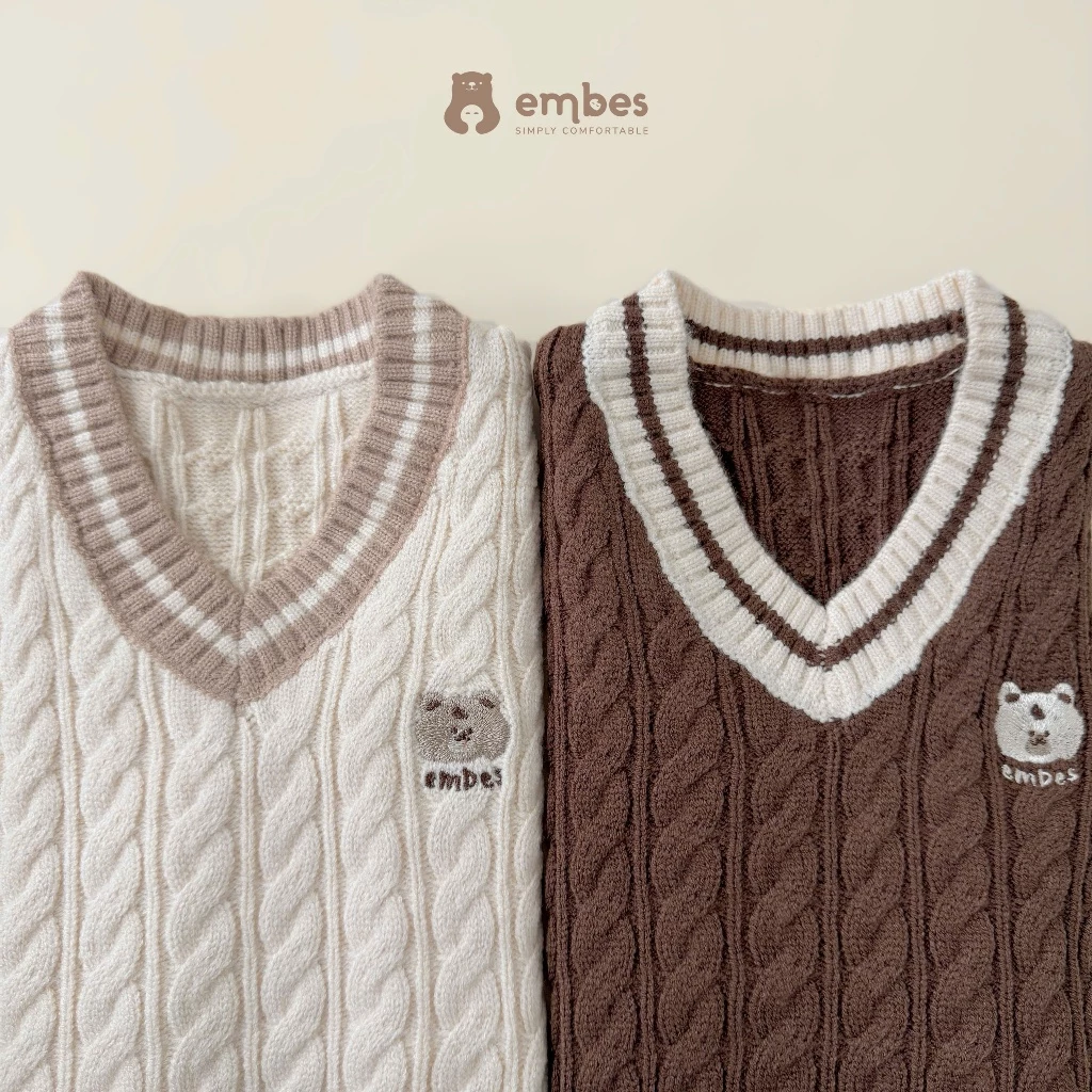 Áo Gile Cho Bé Embes, Áo Gile Len Vặn Thừng Cổ Tim Thêu Hình Dáng Hàn Cho Bé Trai Bé Gái Từ 8-18Kg - 4