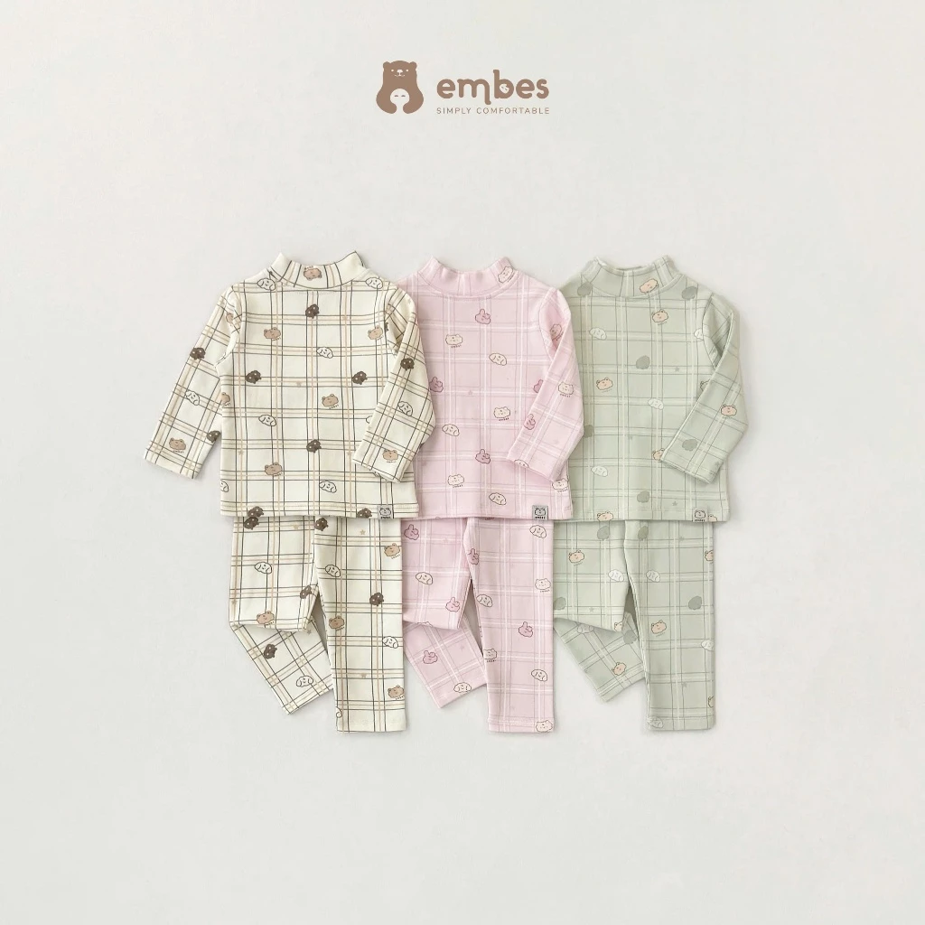 Bộ Dài Tay Cổ 3 Phân Embes, Bộ Thu Đông In Họa Tiết Chất Cotton Cho Bé Trai Bé Gái Size Từ 8-18kg
