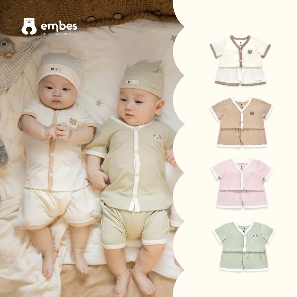 Bộ Sơ Sinh Cộc Tay Embes, Bộ Cộc Tay Hình Thêu Ngực Chất Cotton Mềm Mịn Cho Bé Sơ Sinh Từ 0-9 Tháng
