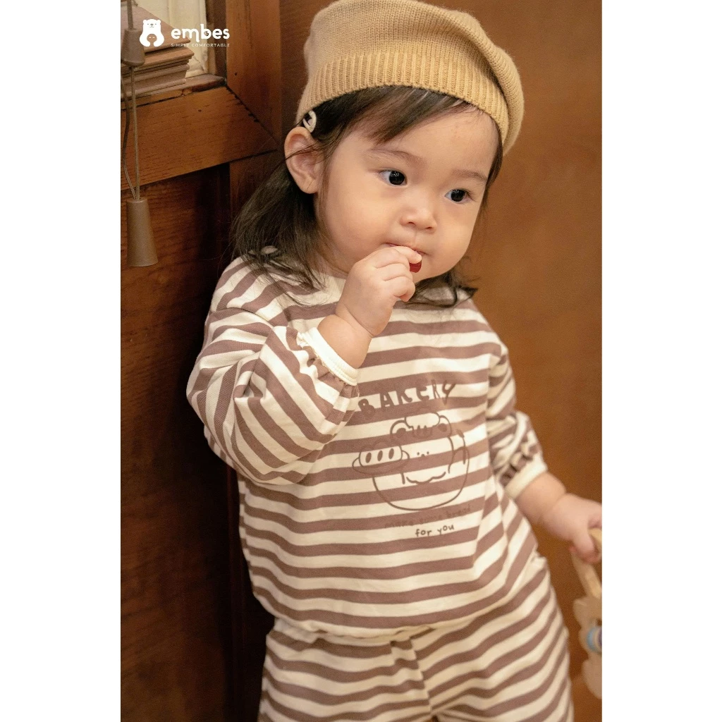 Bộ Nỉ Cho Bé Embes, Bộ Dài Tay Thu Đông Kẻ Ngang In Hình Chất Nỉ Da Cá Cho Bé Trai Bé Gái Từ 8-18Kg - 5