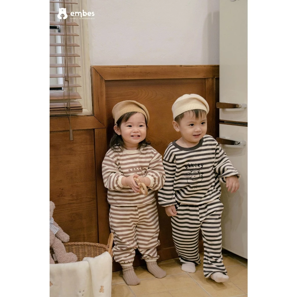 Bộ Nỉ Cho Bé Embes, Bộ Dài Tay Thu Đông Kẻ Ngang In Hình Chất Nỉ Da Cá Cho Bé Trai Bé Gái Từ 8-18Kg - 6